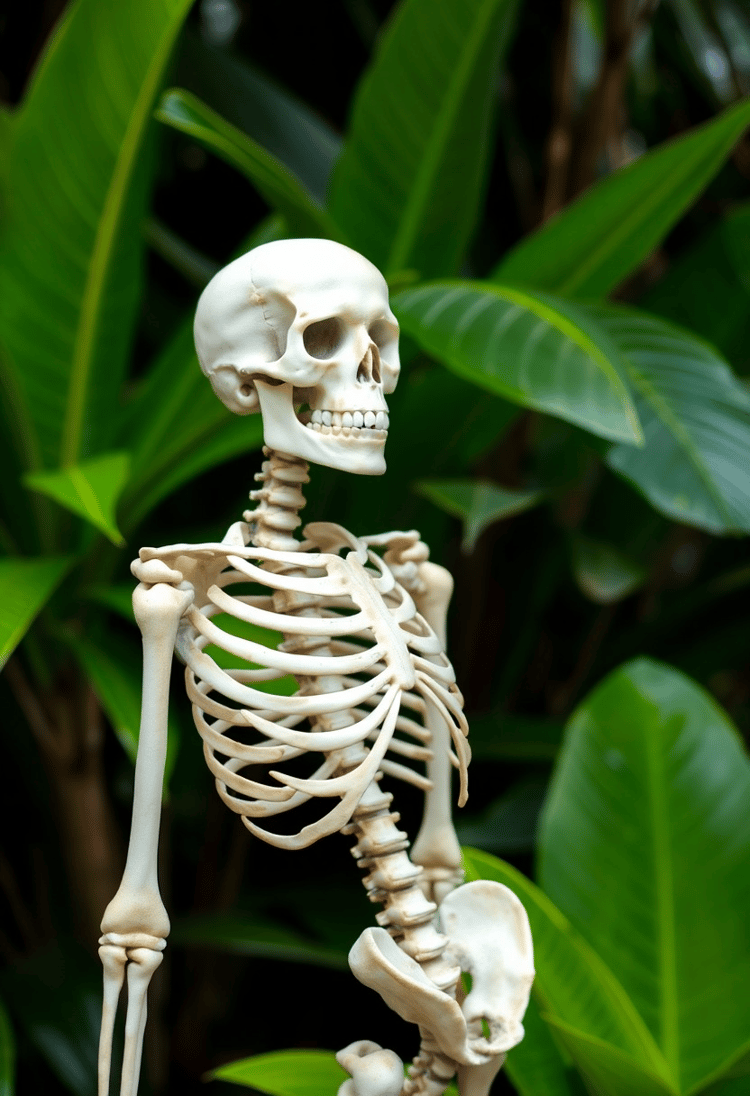 Skeleton with Lush Tropical Surroundings