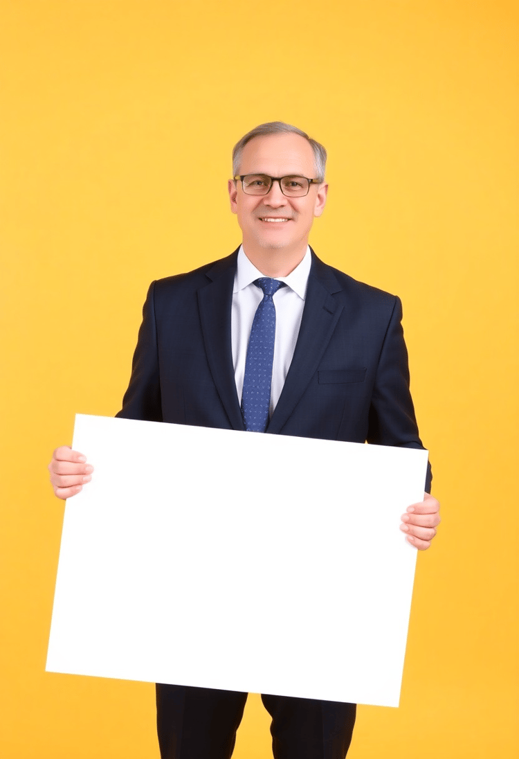 Middle-Aged Professional Shows Blank Sign on Yellow Background