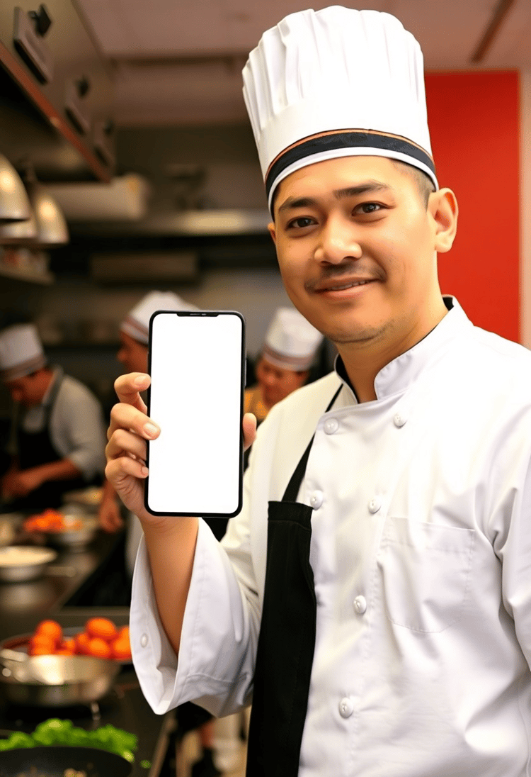 Chef Displaying Blank Phone in a Kitchen