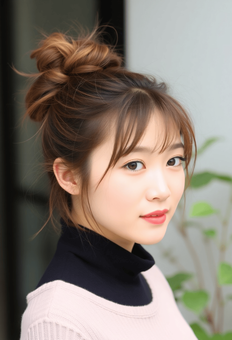 Messy Bun with Bangs on an East Asian Girl