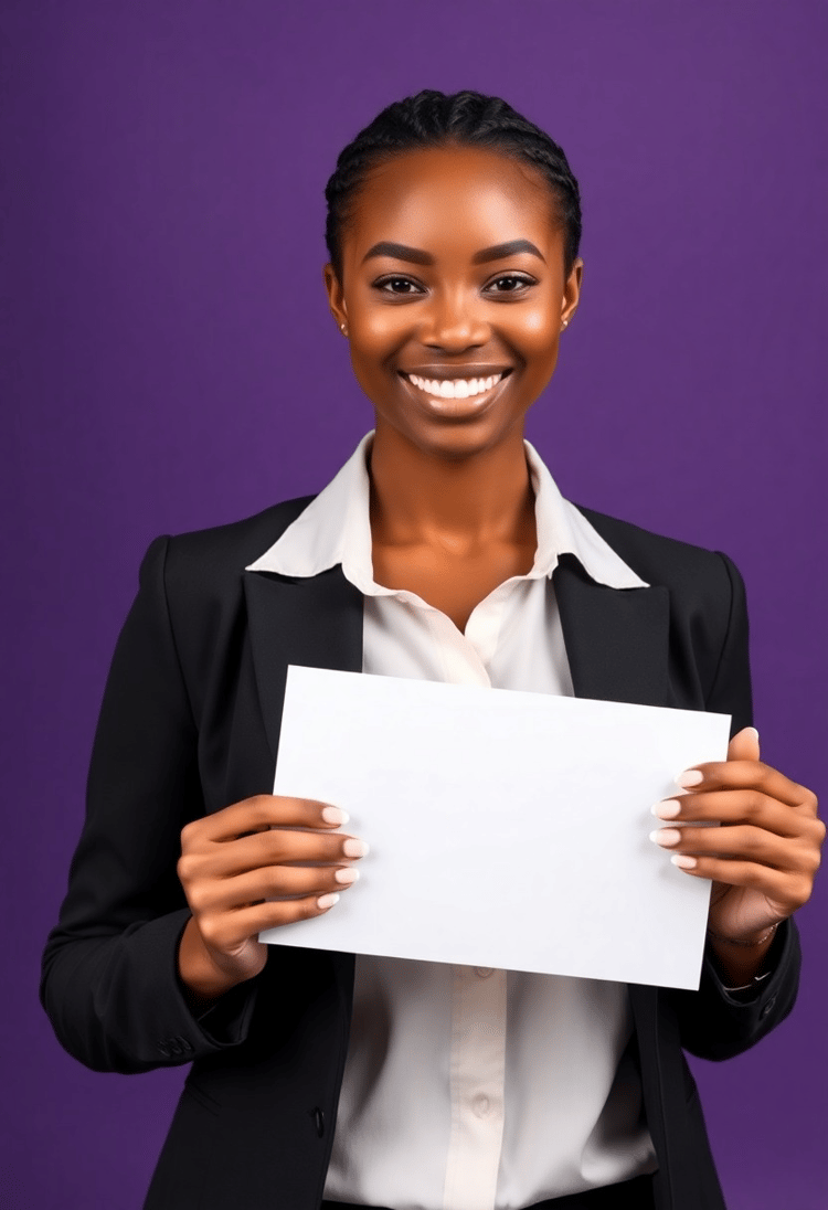 Young Black Professional with Blank Sign in Purple Environment