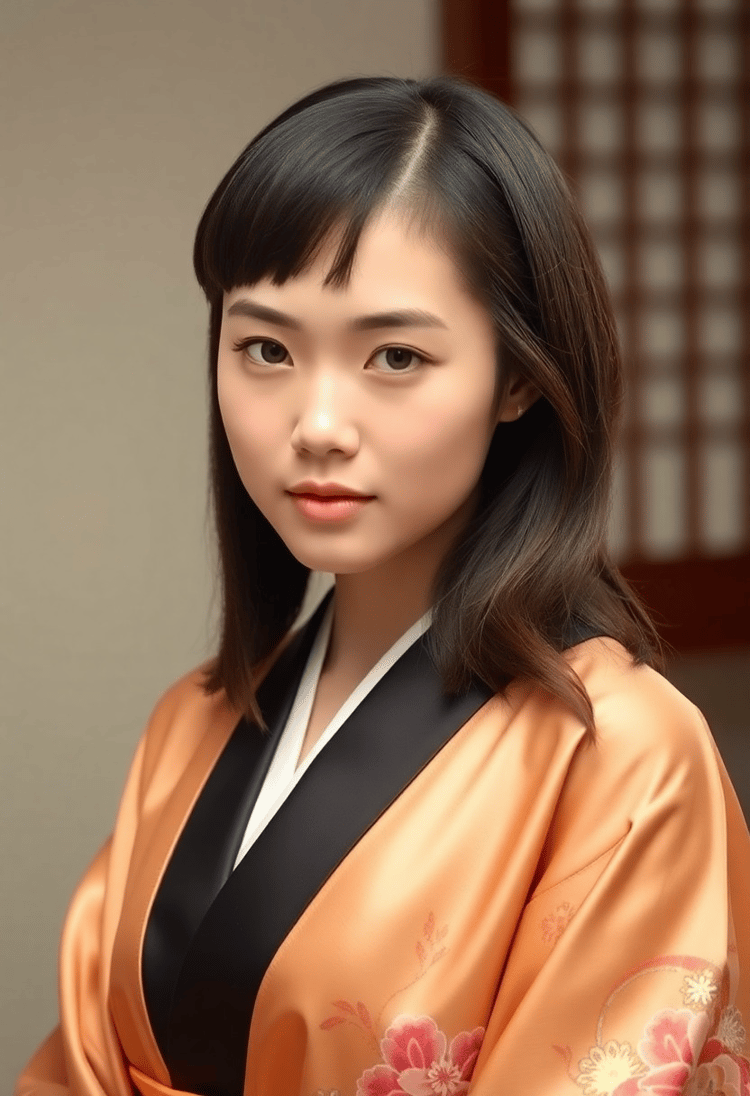 Traditional Hime Cut with Elegant Silk Kimono