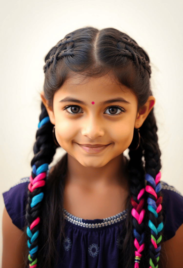 Colorful Braided Extensions on an Indian Girl