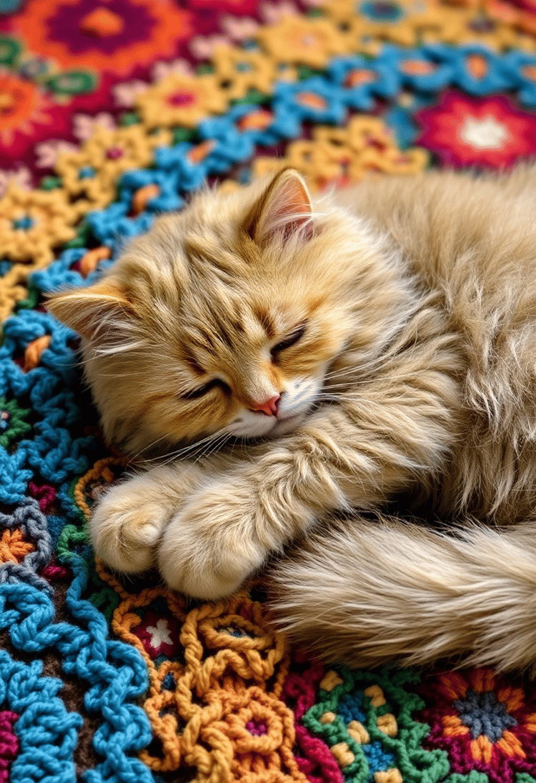 Cute Yarn Cat Napping on a Carpet