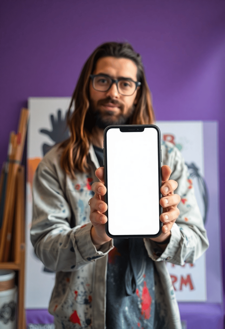 Artist with a Blank Phone in a Studio