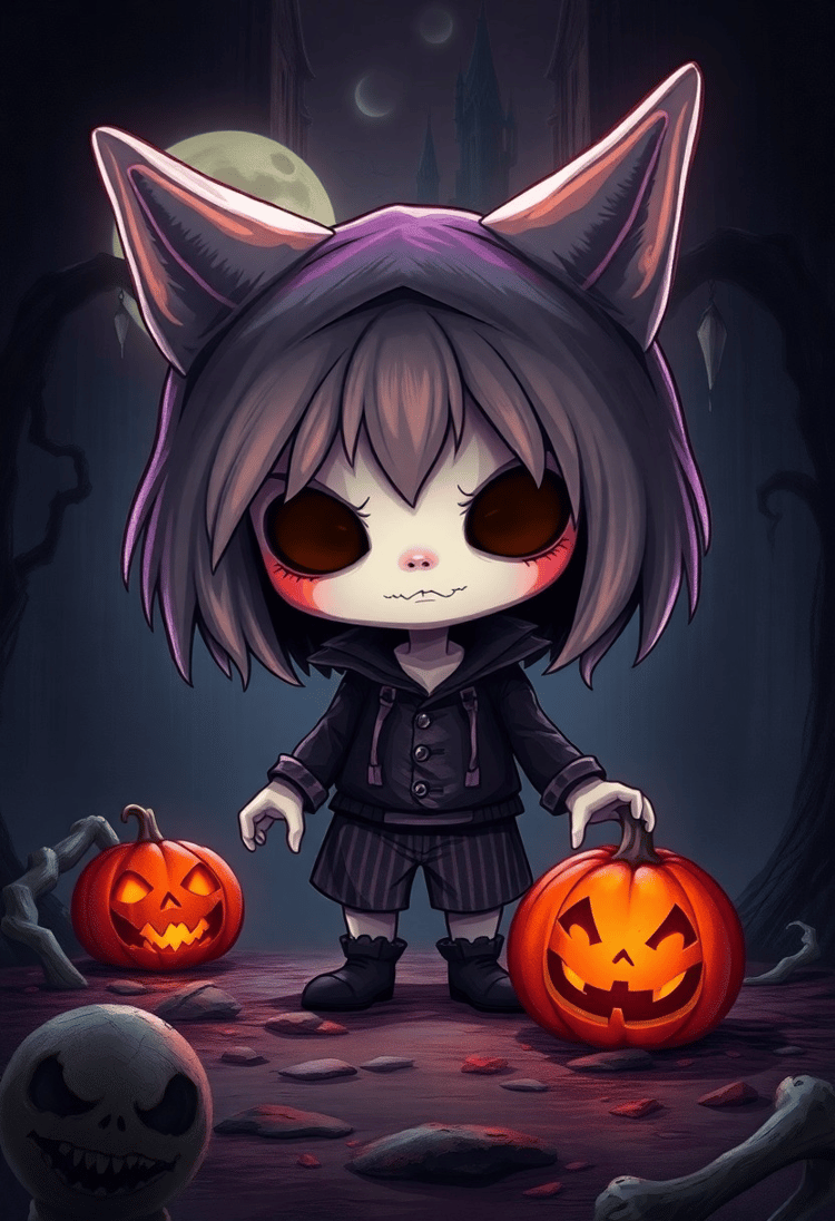  Horror-Themed Chibi Character in Halloween Setting