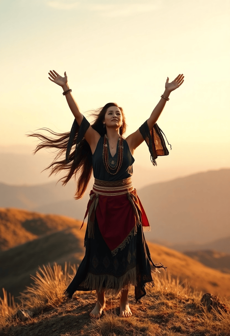 Mystical Windcaller: Female Shaman Summoning the Spirits