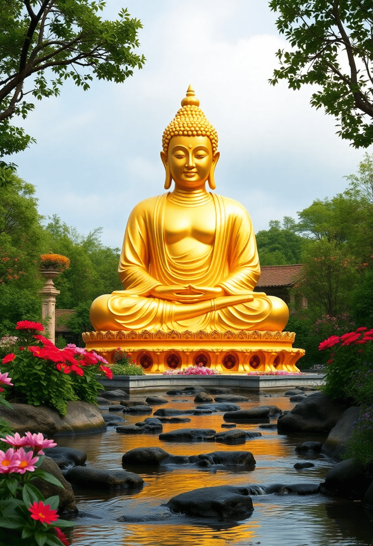 Serene Golden Buddha Statue in a Tranquil Garden