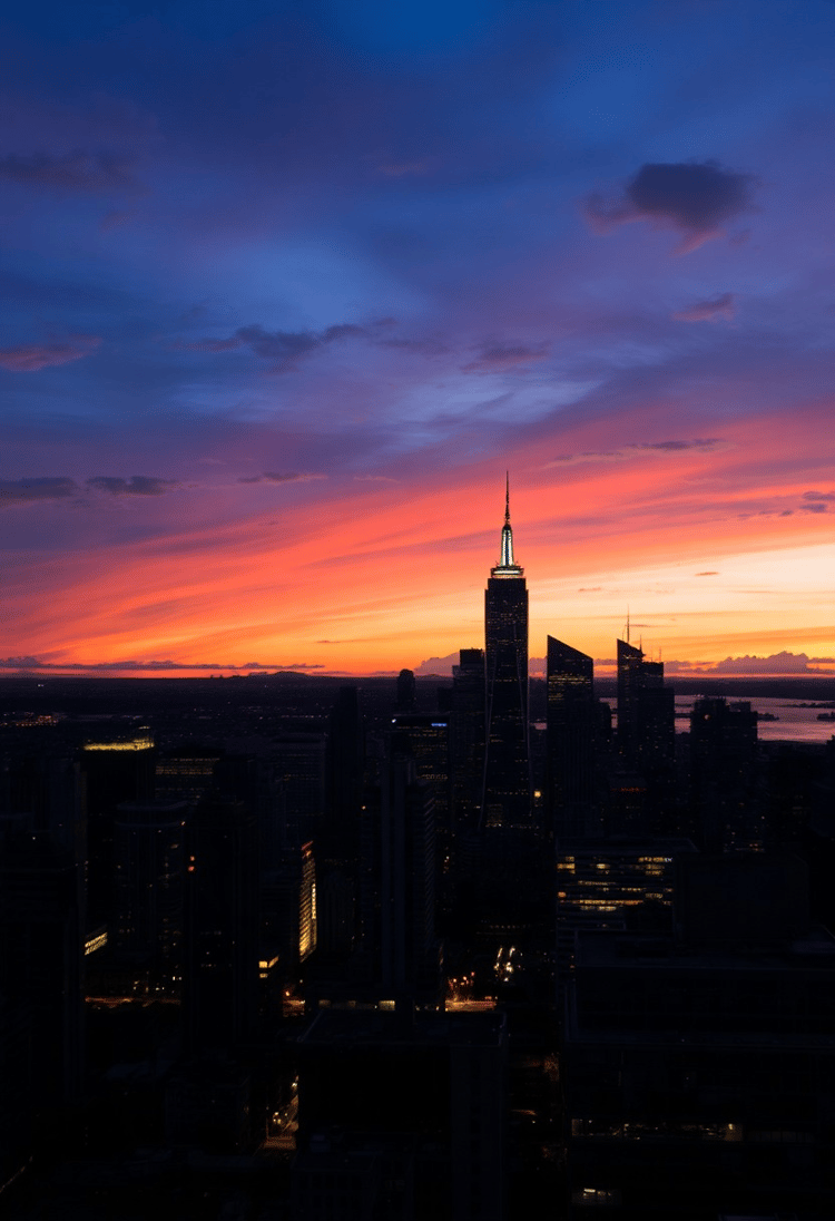 Luminous Rainbow Cityscape at Dusk