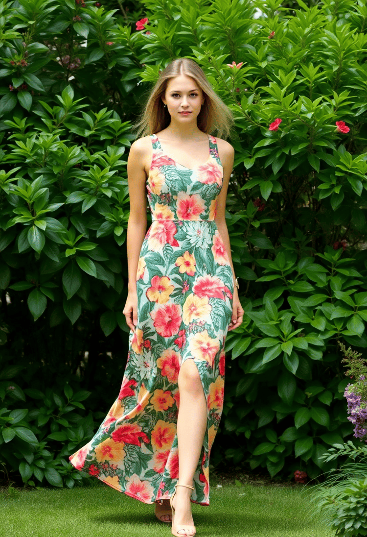 Chic Summer Floral Dress Amidst a Garden