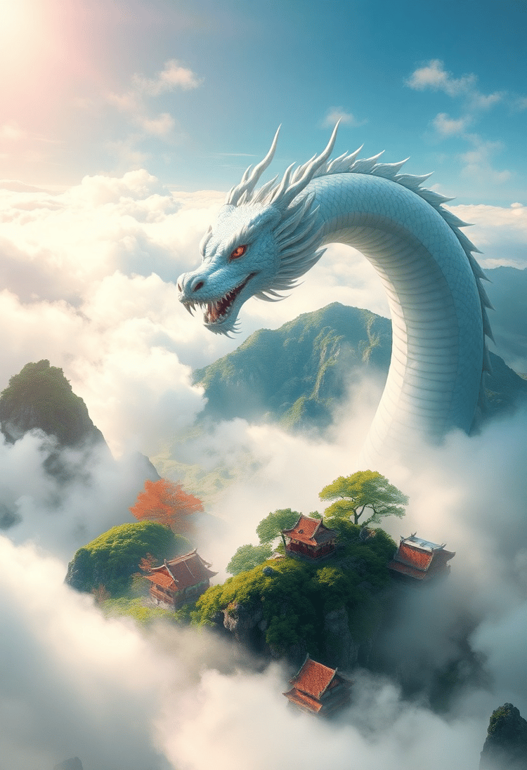 Majestic White Dragon in Fog