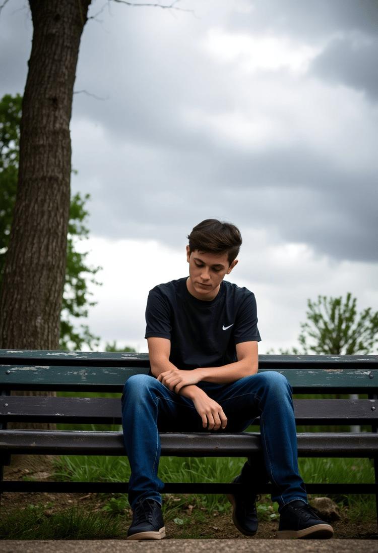 Teenager Sitting Alone on a Park Bench