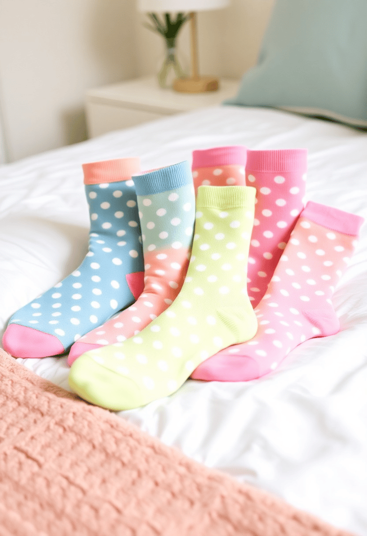 Polka Dot Socks in Pastel Shades on a Bed