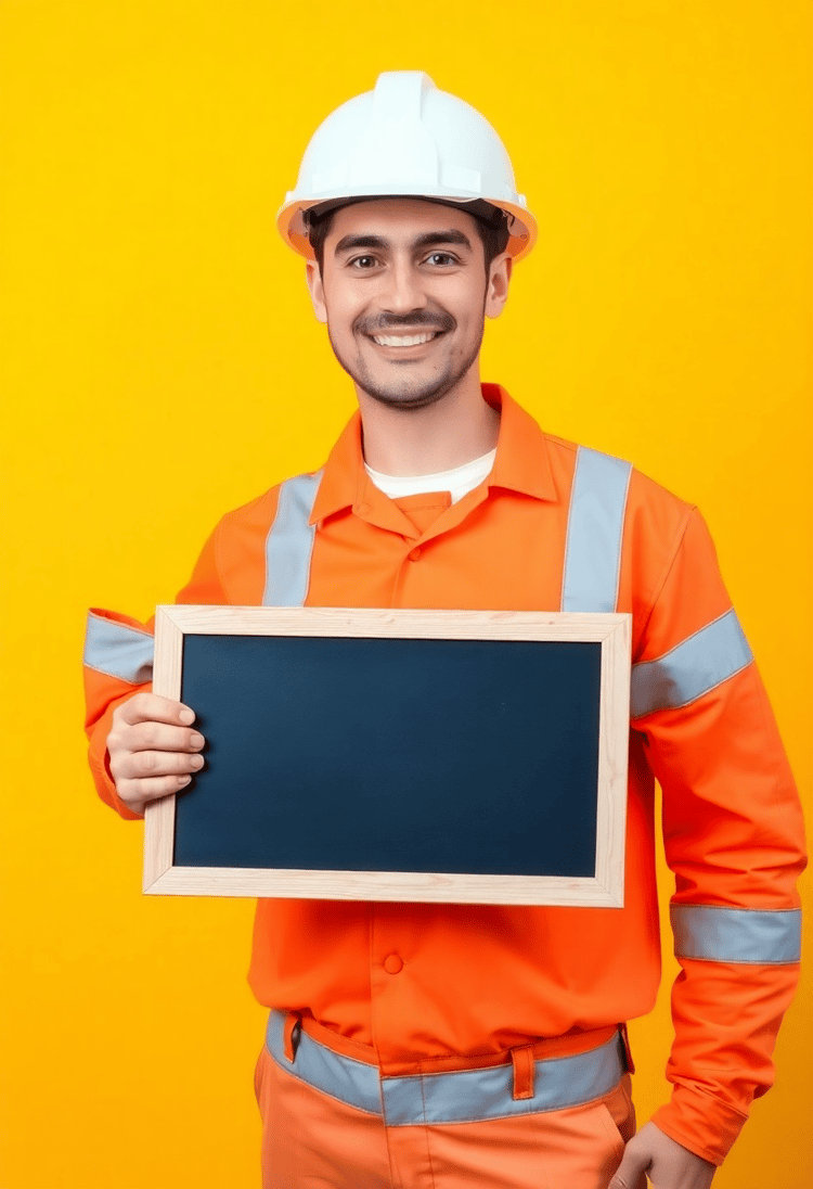 Cheerful Construction Worker with an Empty Chalkboard