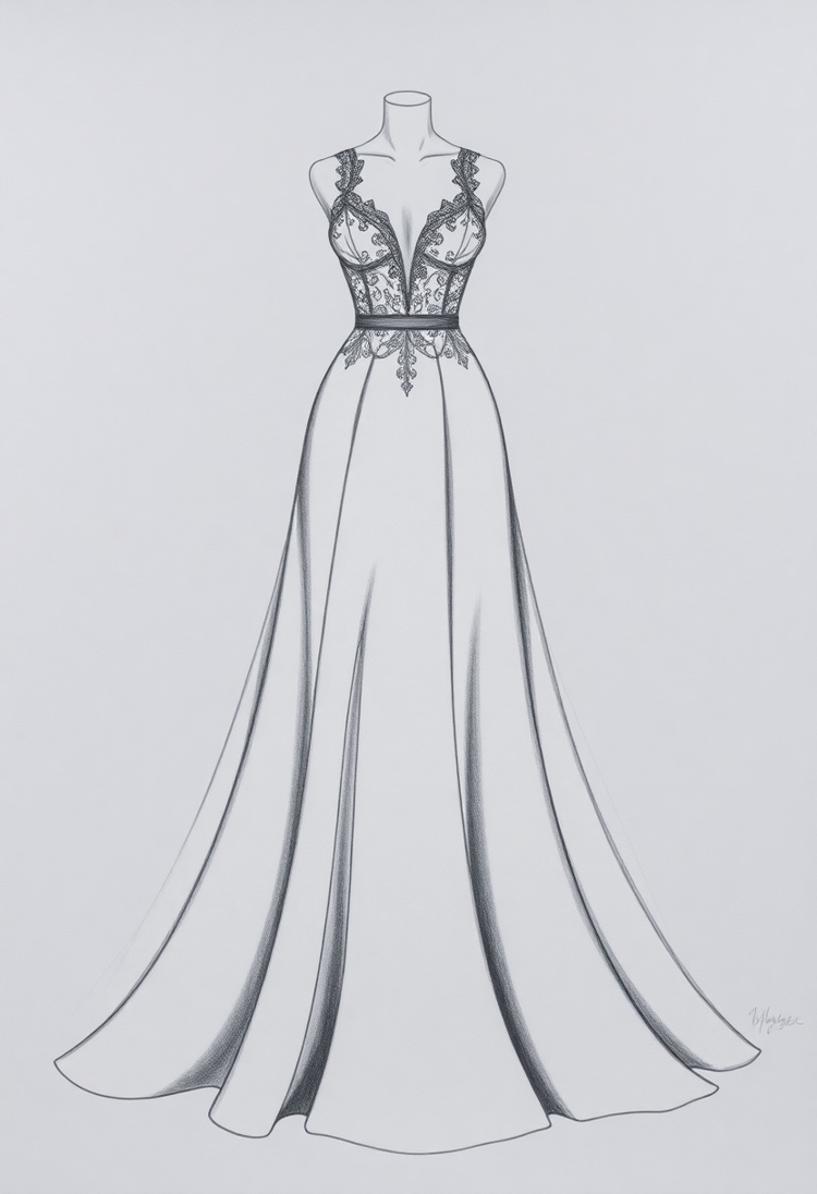 Elegant Evening Gown Sketch in Charcoal
