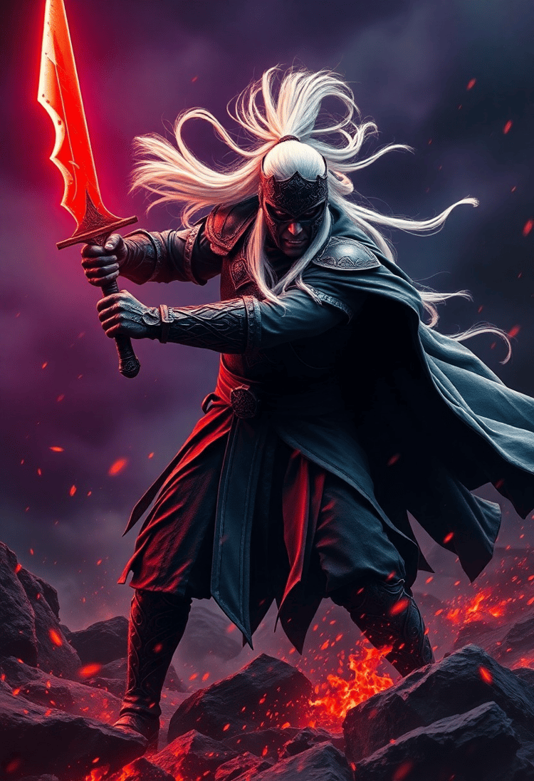 Fierce Warrior with Glowing Red Sword - Pincel