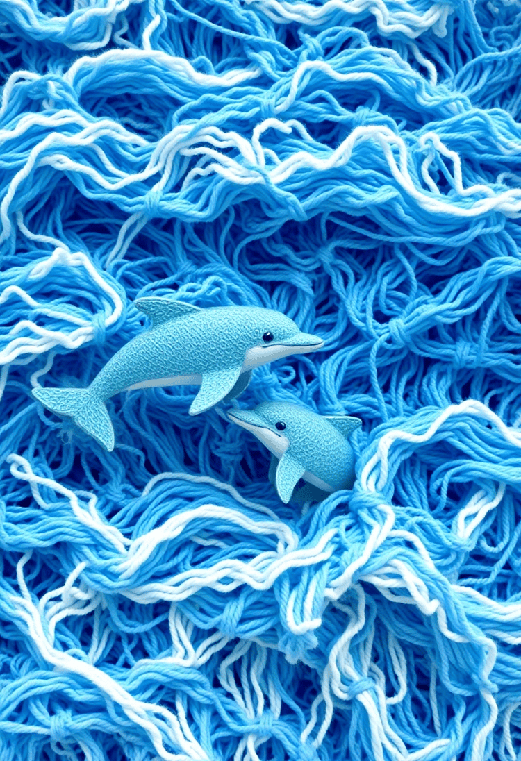 Colorful Yarn Ocean with Playful Dolphins