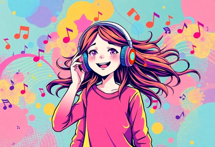 Wallpaper Design Template with Young Girl and Musical Vibes