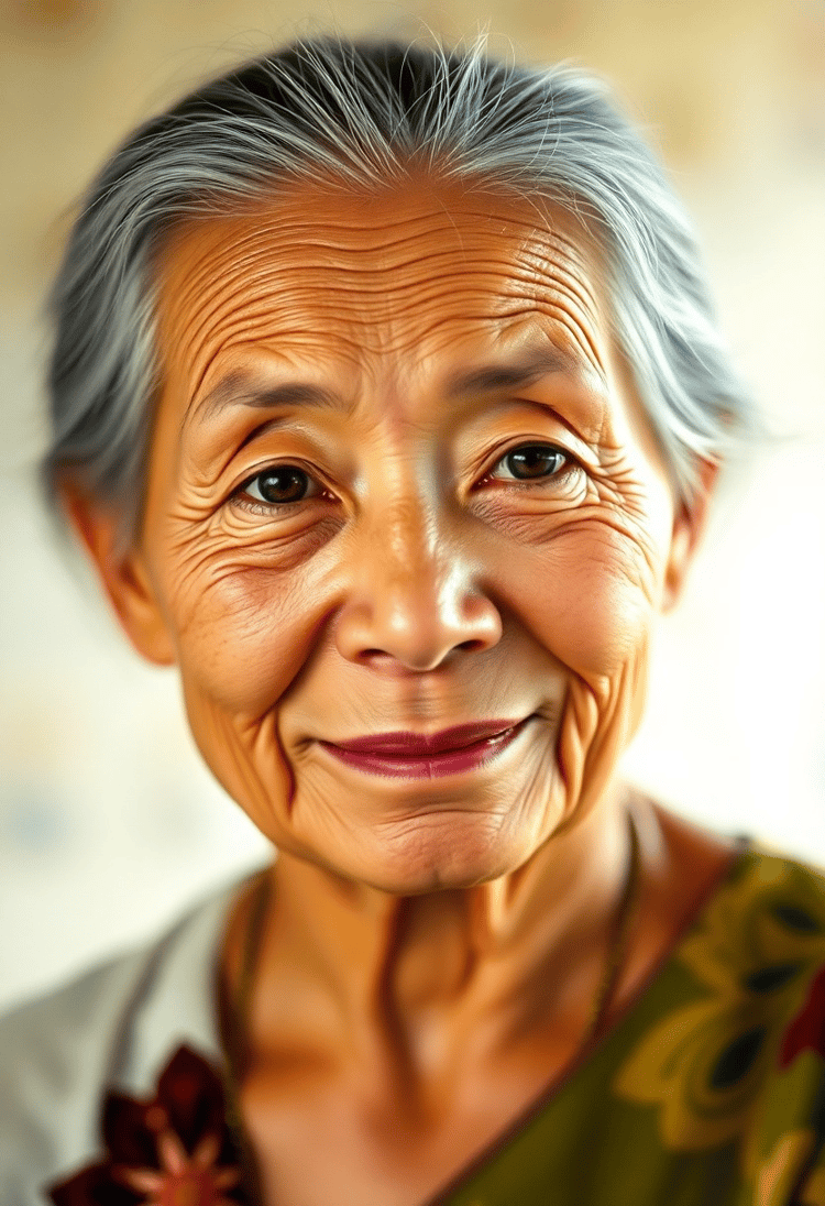 Elderly Asian Woman with a Gentle Smile and Wisdom-Filled Eyes