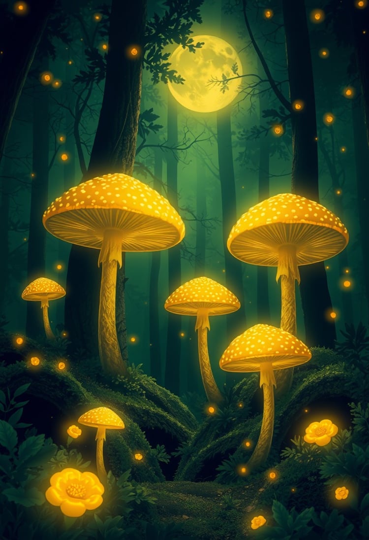 Mystical Forest Wallpaper with Glowing Mushrooms