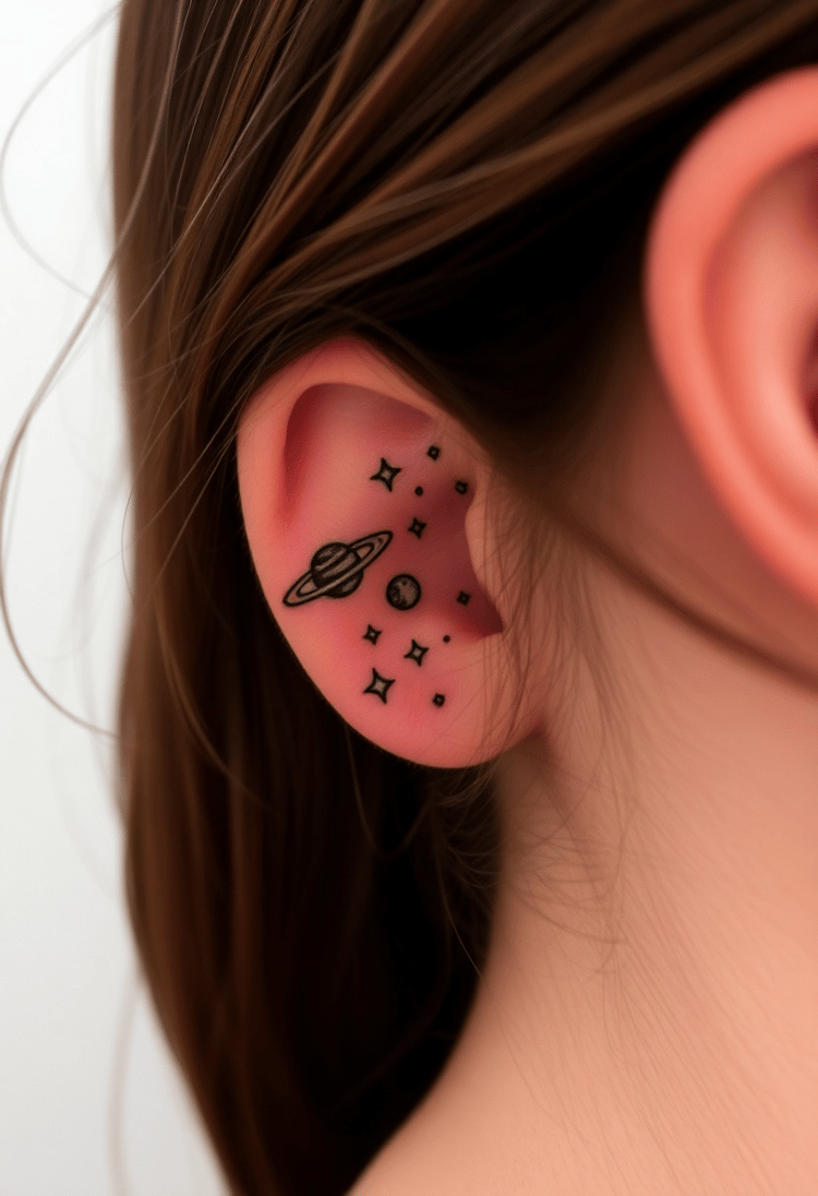 Tiny Galaxy Tattoo Behind the Ear