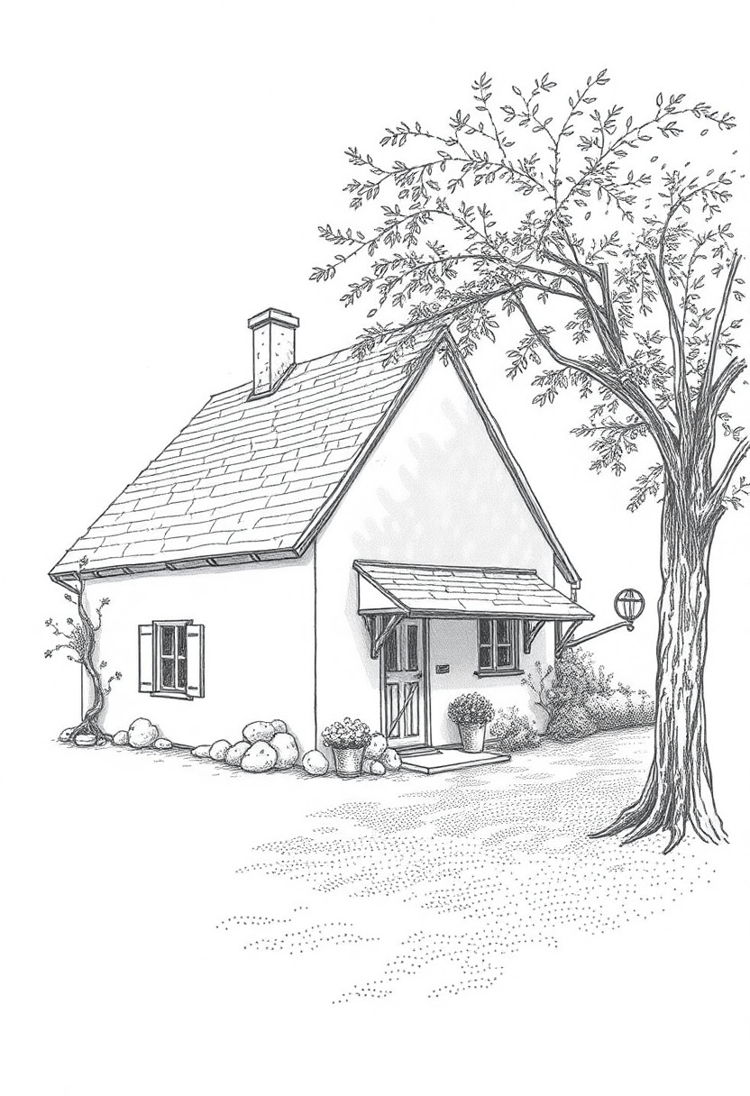 Rustic Country House in Stippled Shadows