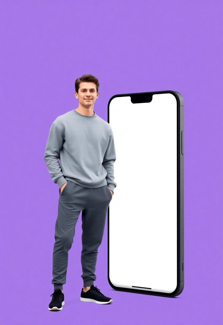 Young Man in Relaxed Wear Beside a Large Blank Screen Phone