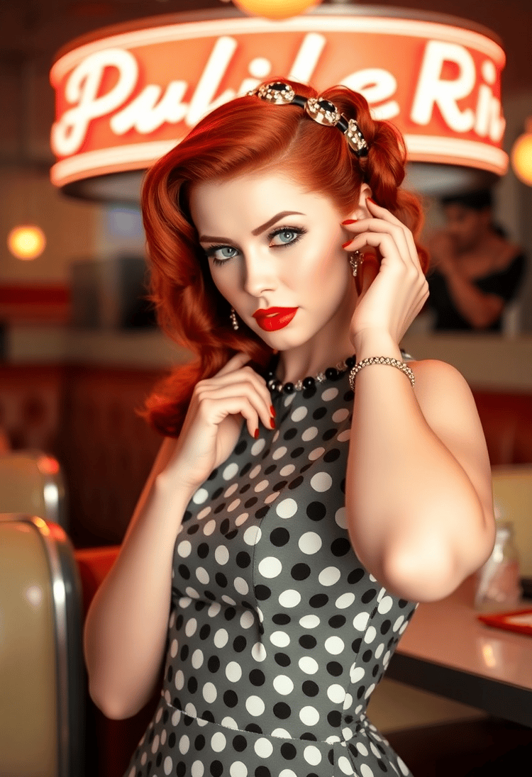 Vintage Vibes: Glamorous Redhead at a Retro Diner