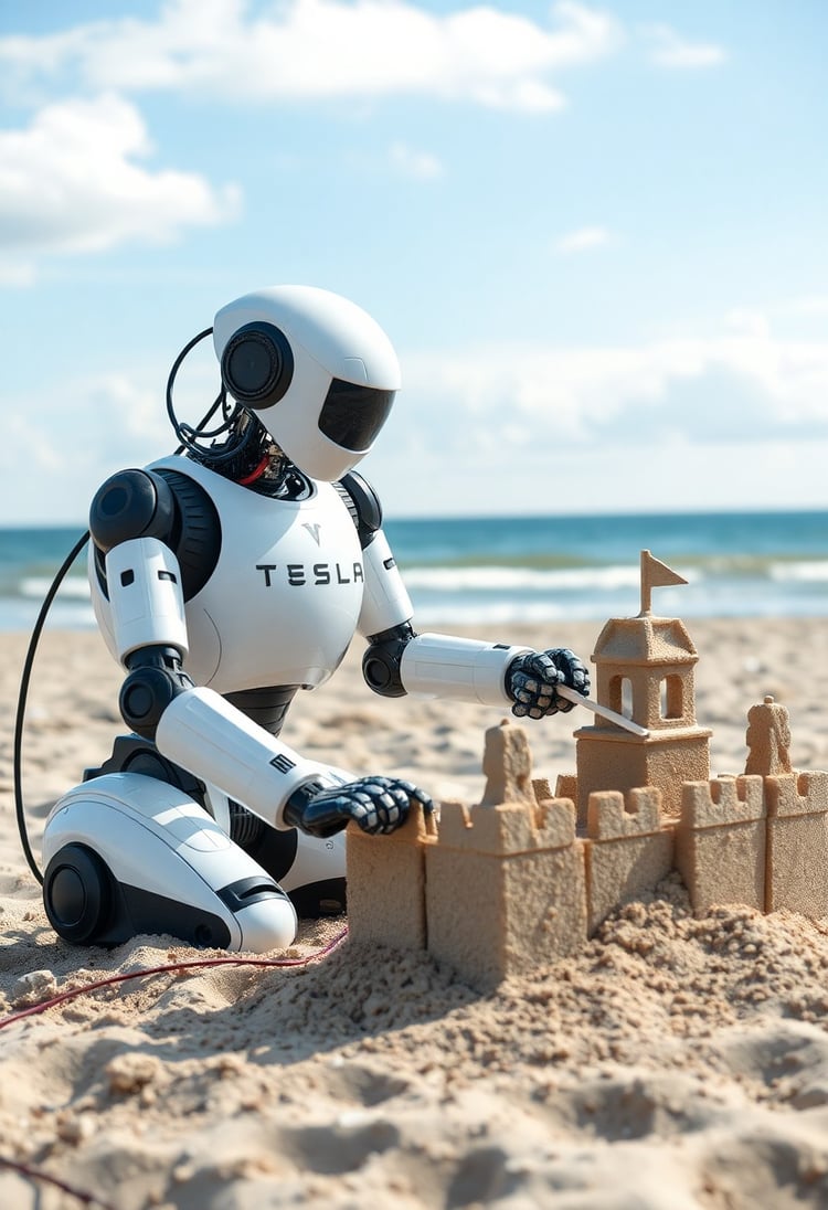 Tesla Robot Building a Sand Castle on a Beach