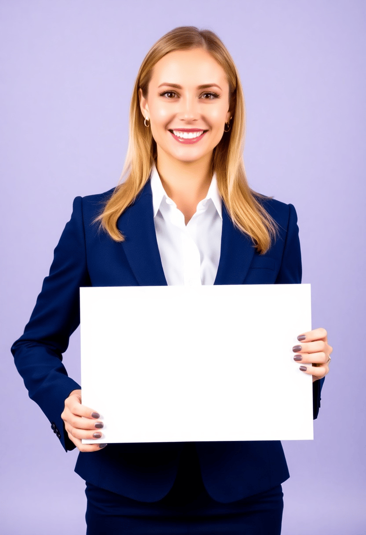 Smiling Businesswoman Presenting an Empty White Sign