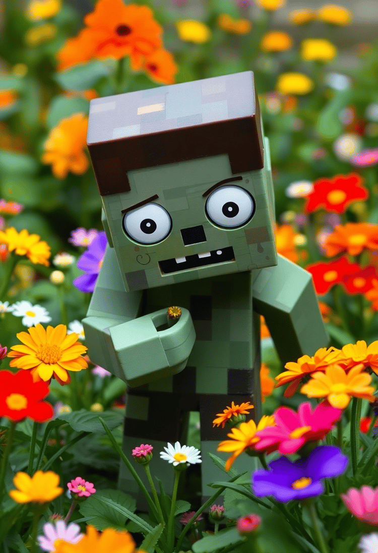 Pixelated Zombie in a Flower Garden