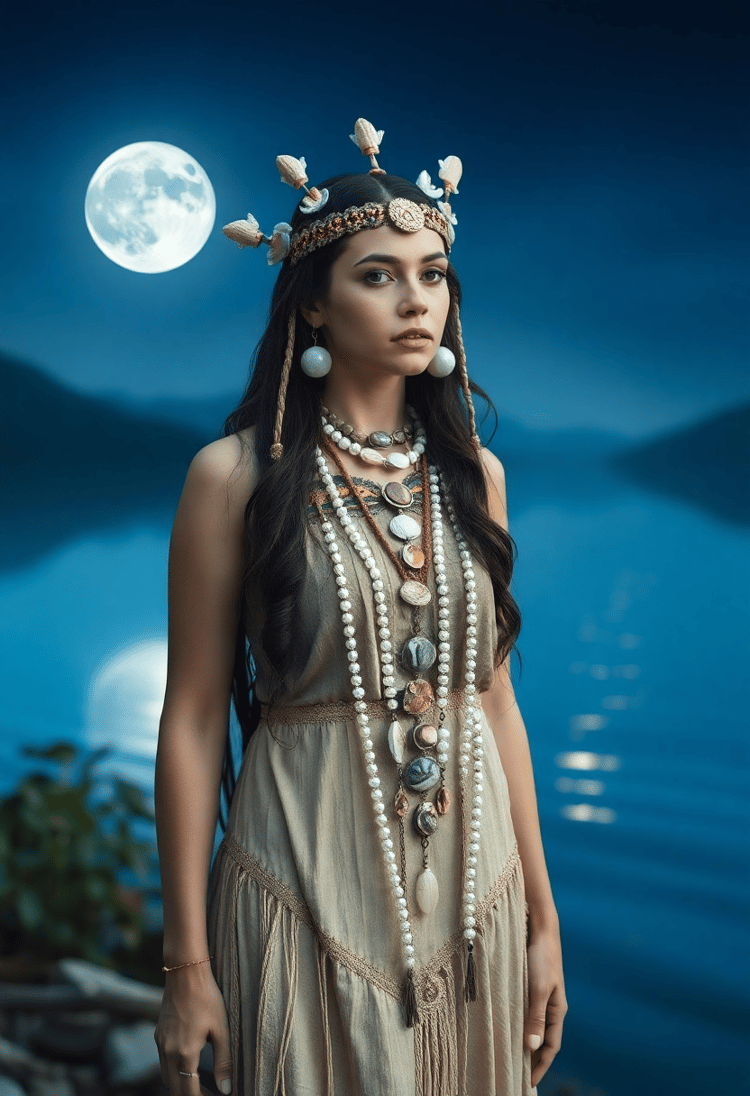 Moonlit Water Priestess: Female Shaman by the Lake