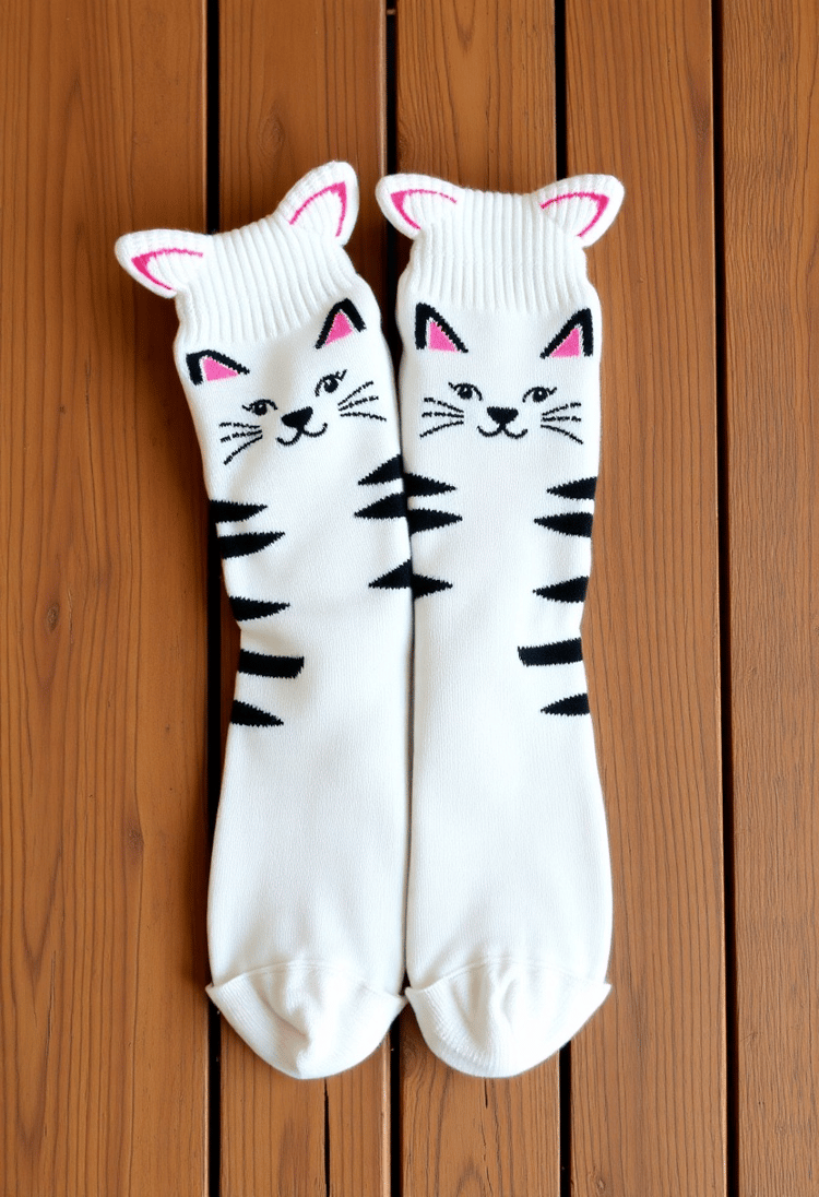 Cozy Cat-Themed Socks on Wooden Table