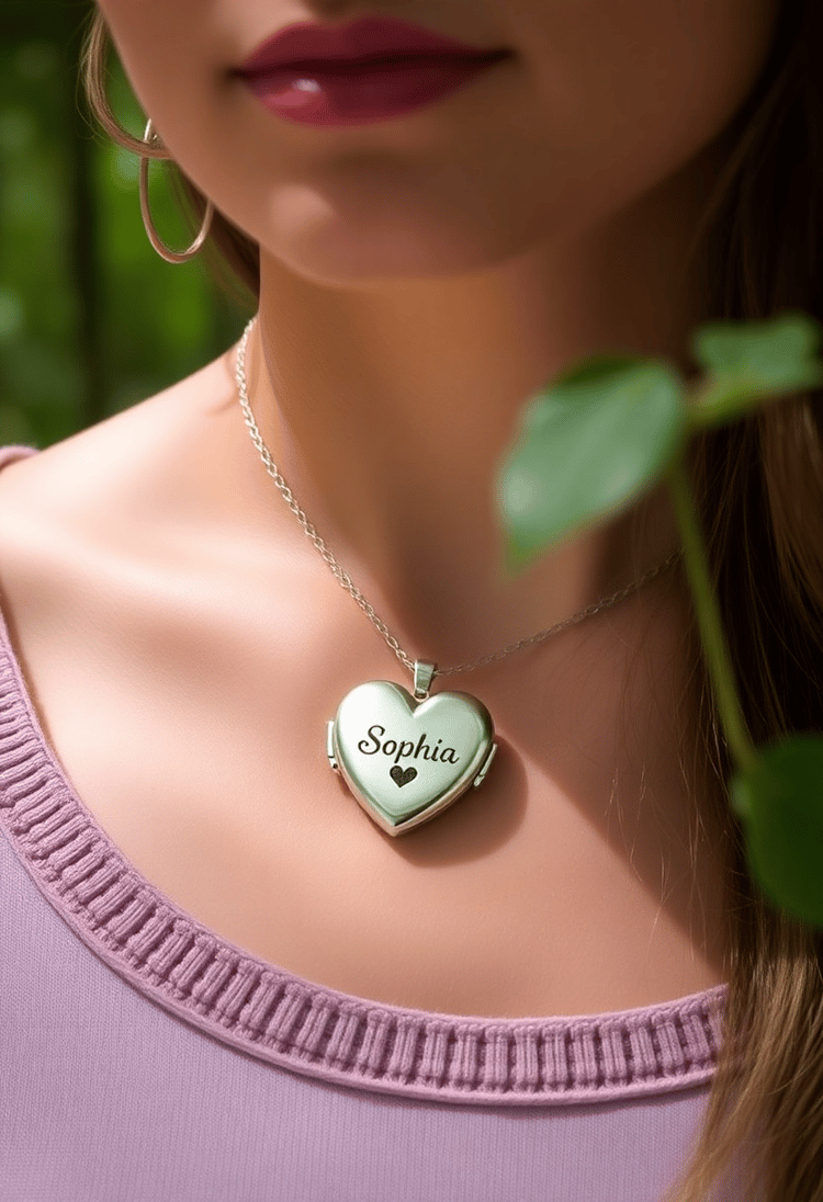 Silver Heart Locket Necklace Worn by a Model