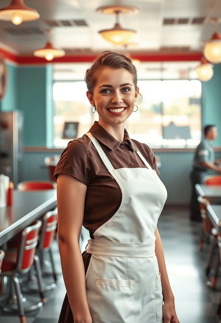 Charming 1950s Diner Waitress with a Welcoming Smile