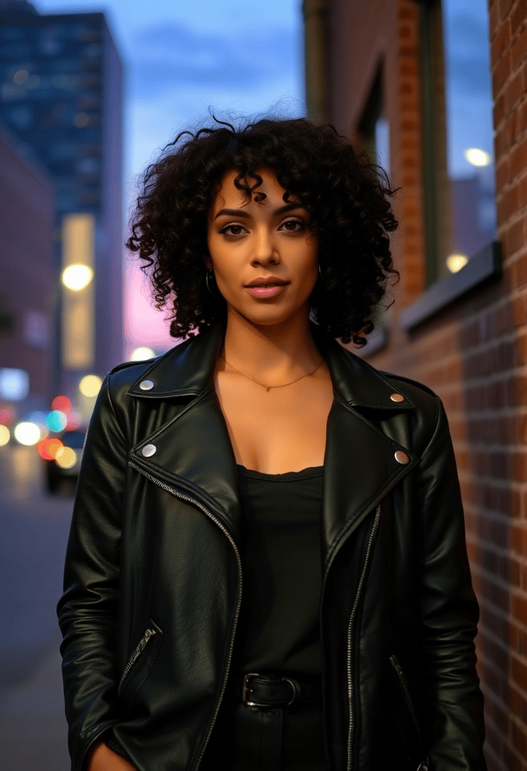Urban Elegance: Woman in Black Leather Jacket