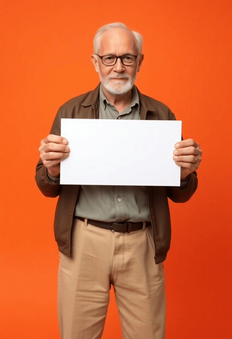 Elderly Gentleman Displaying Blank Card in Orange Setting