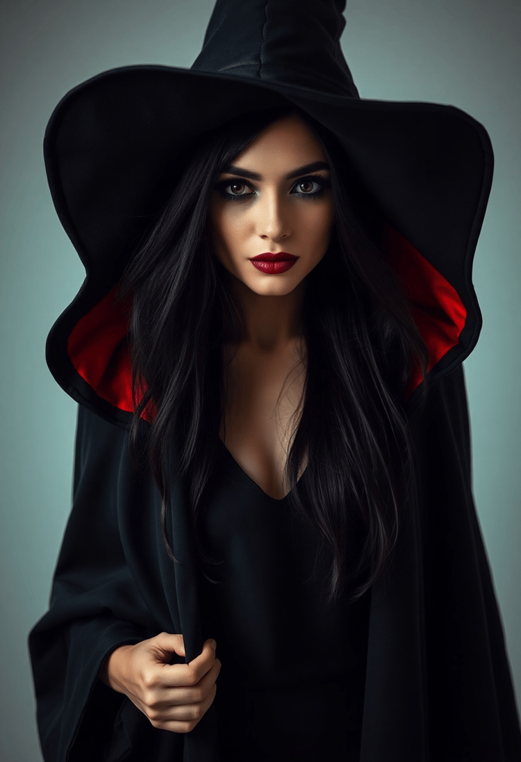 Beautiful Witch in Black and Scarlet Cloak