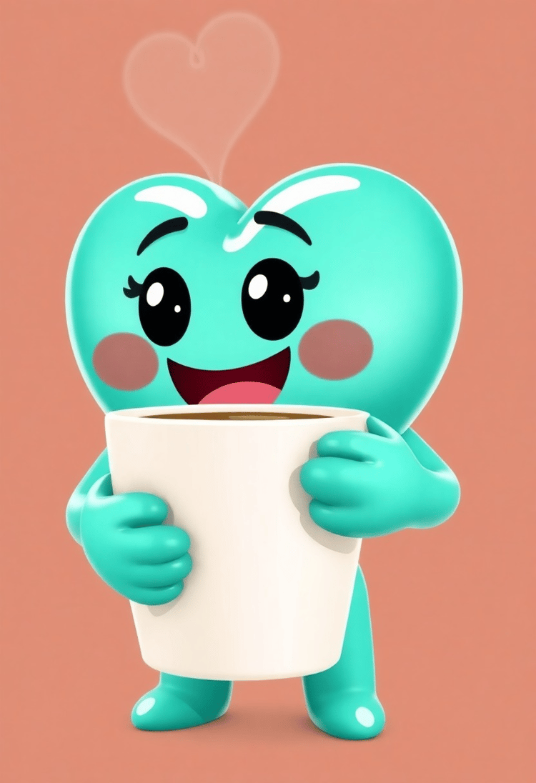 Teal Heart Emoji Holding a Cup of Coffee