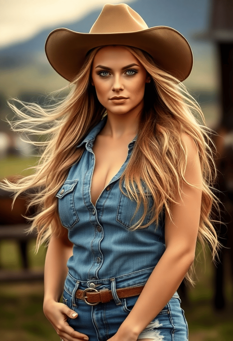 Rustic Elegance: Cowgirl in Distressed Denim