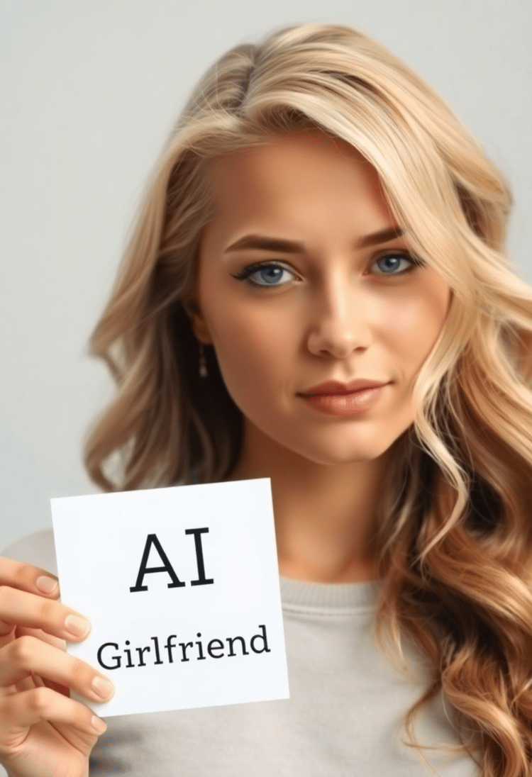 Serene Blonde AI Girlfriend Displaying Sign