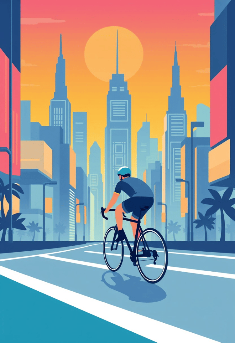 Cyclist in Futuristic City Vector Art