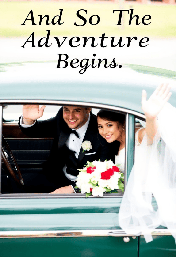 Classic Car Getaway with 'Adventure Begins' Quote