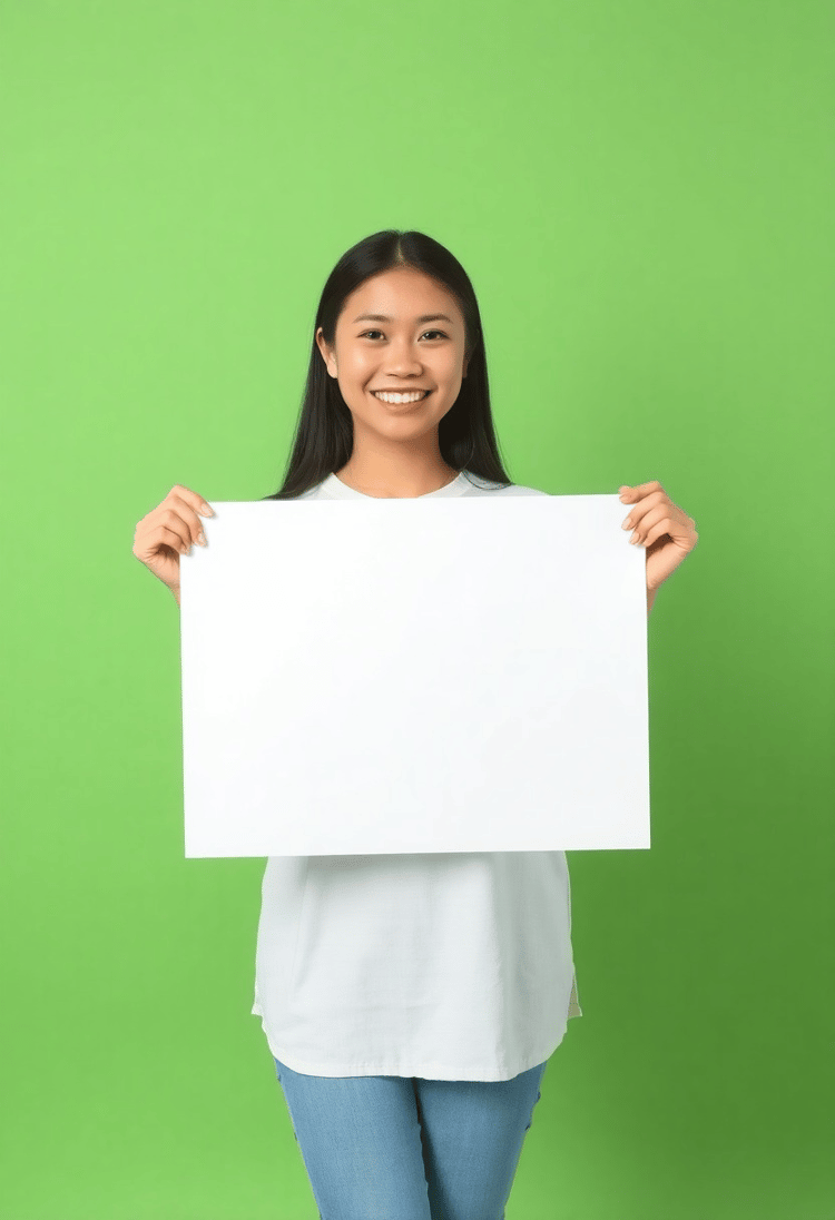 Young Asian Woman with Empty Poster in a Green Studio