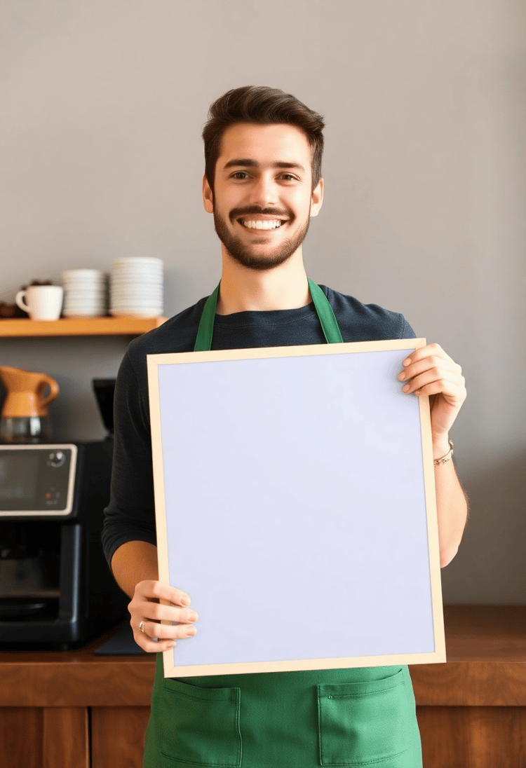 Friendly Barista with a Blank Menu Board