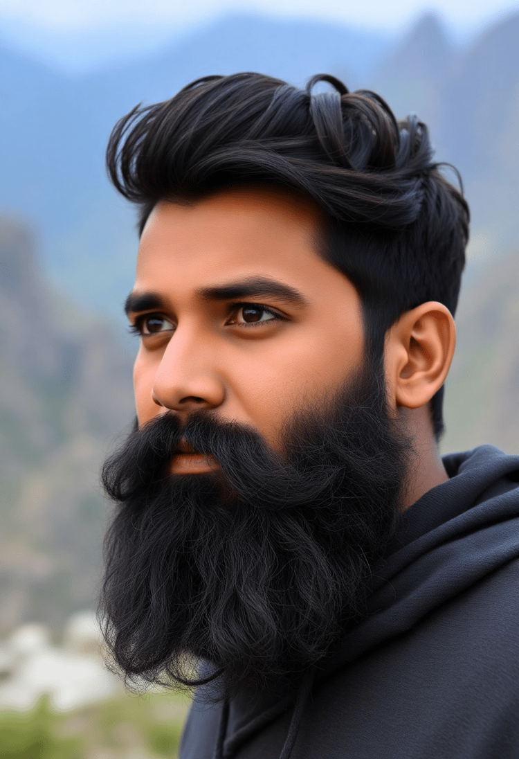 South Asian Man with a Full Beard and Expressive Eyes